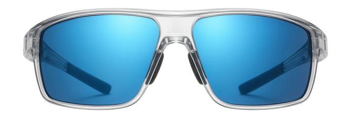 Sports glasses with blue mirrored lenses and wraparound transparent frame