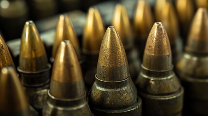 Close-up image of several metallic bullet tips arranged in rows, showcasing their texture and reflective surfaces.