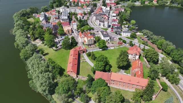 Aerial view of Sztum Castle by Lake Zajezierskie in Sztum, Poland