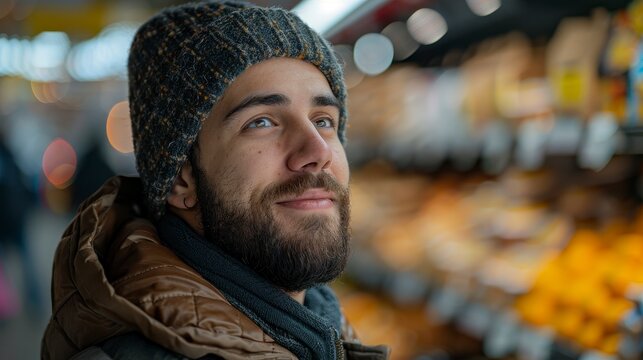Bearded man wearing a beanie, looking up in a store with bright bokeh