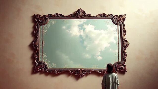 Refletindo o Infinito: Uma Pessoa Observa um Espelho Antigo com C&eacute;u e Nuvens Dentro, Simbolizando Reflex&atilde;o e Explora&ccedil;&atilde;o Interior