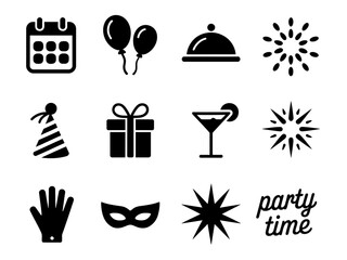 Party and Celebration Icons Set. Balloons, Gift Box, Cocktail, Fireworks, Party Hat, Mask, Gloves, and Party Time Text, Festival and Event Vector