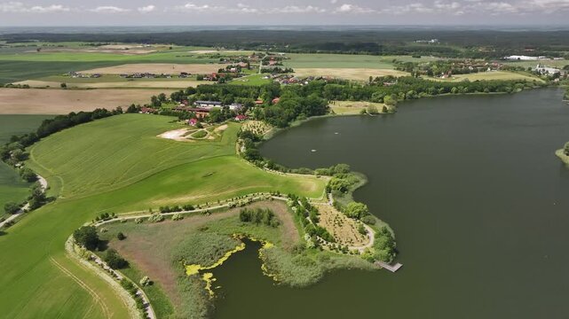 Aerial view of Lake Zajezierskie around Sztum, Poland
