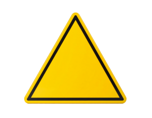 Yellow triangular warning sign isolated on a transparent background.