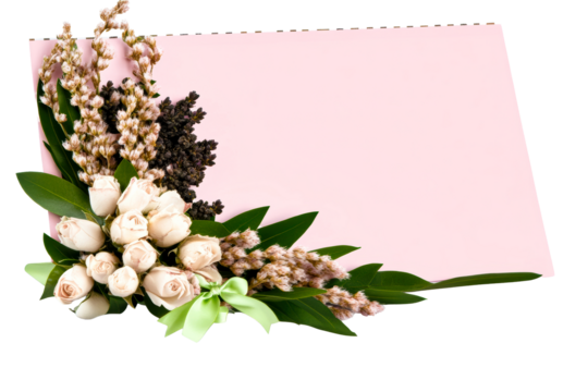 Floral Bouquet Frame on Pink with Roses and Ribbon, cut out transparent