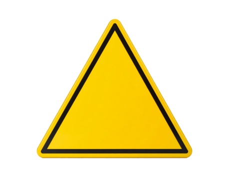Yellow triangular warning sign isolated on a transparent background.