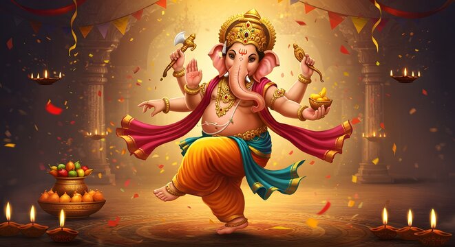 Dancing Ganesha, Hindu deity, vibrant celebration, ornate attire, festive lights.