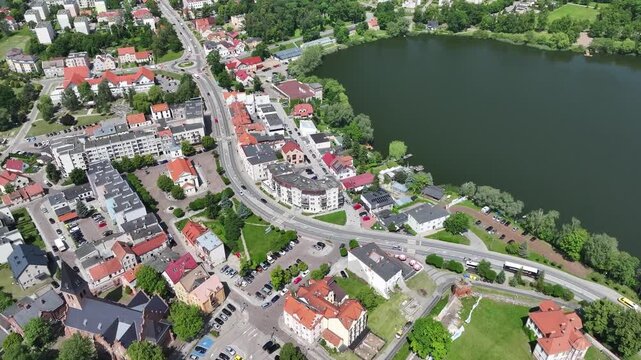 Aerial view of Sztum Castle by Lake Zajezierskie in Sztum, Poland