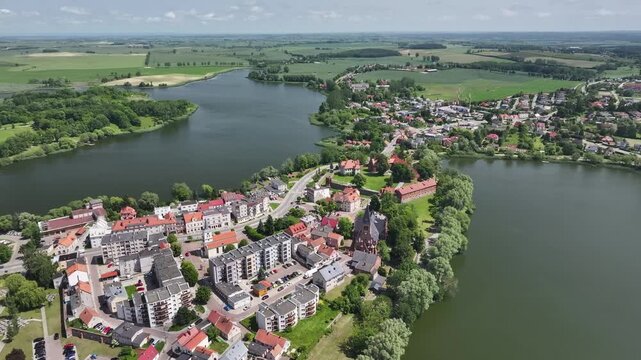 Aerial view of Sztum Castle by Lake Zajezierskie in Sztum, Poland