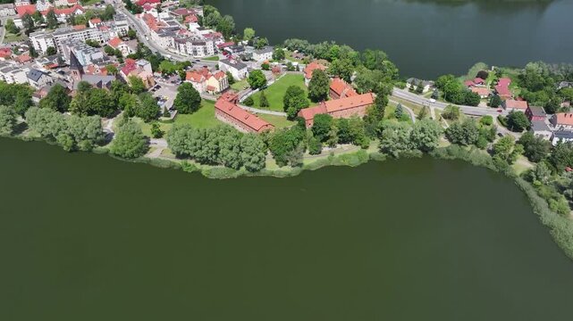 Aerial view of Sztum Castle by Lake Zajezierskie in Sztum, Poland