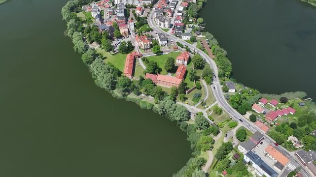 Aerial view of Sztum Castle by Lake Zajezierskie in Sztum, Poland