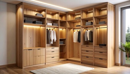 Modern corner walk-in closet with wood-toned cabinetry