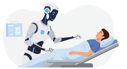 A medical robot gently attends to a patient resting in a hospital bed.