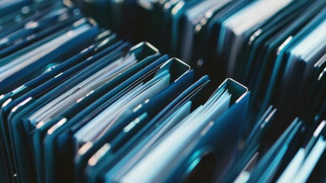 Many blue folders on top of each other, showing their bindings and label edges against dark background.