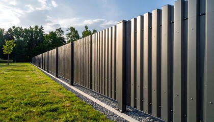 Modern dark gray fence bordering a grassy area