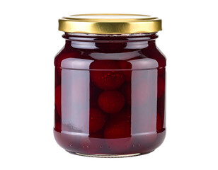 Jar of cherry jam isolated on a transparent background.