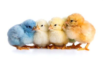 Fototapeta premium Four fluffy baby chicks in pastel colors