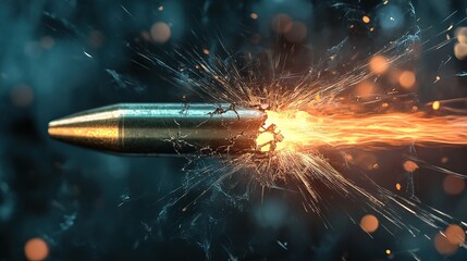 A bullet shattering glass with intense sparks and fiery trail, captured in a dynamic close-up shot.