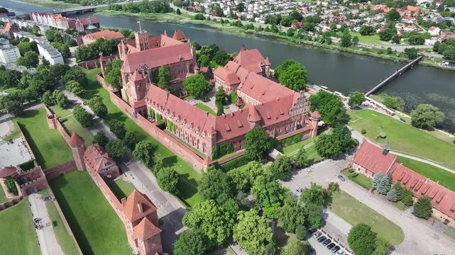 Aerial view of The Castle of the Teutonic Order in Malbork, the largest medieval castle, UNESCO, Malbork, Poland
