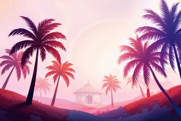 Tropical landscape with palm trees, dreamy mood, sunset background, romantic atmosphere with copy space
