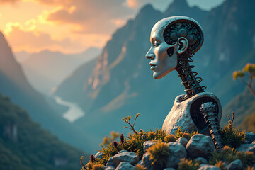 Futuristic robot woman, contemplative mood, standing on rocks, mountainous landscape background with copy space
