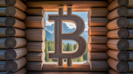 Wooden Bitcoin symbol, innovative mood, framed by a cabin window, scenic mountain background with copy space
