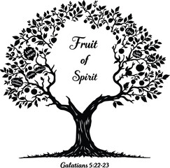 Fruit of the spirit tree galatians bible verse christian faith illustration black and white religious art silhouette