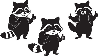 Three raccoons giving thumbs up silhouette