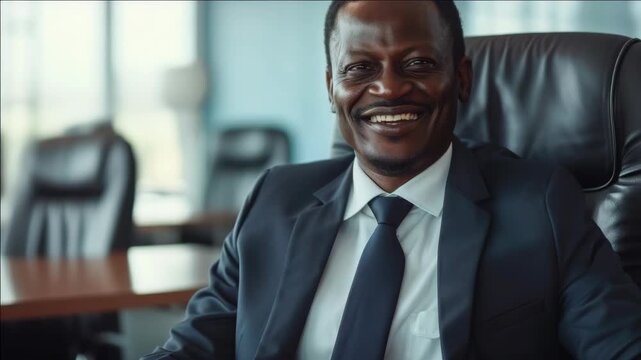 Businessman with a friendly expression, sitting in an office chair. Dressed formally with suit and tie.