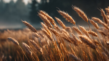 Fototapeta premium Golden wheat field swaying gently in breeze during golden hour with soft light and blurred background creating peaceful and warm rural atmosphere