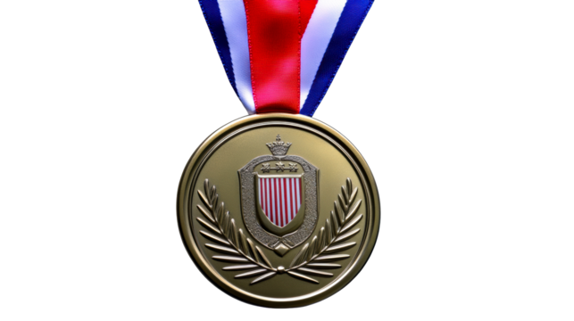 Gold medal, red white blue ribbon, emblem design, cut out transparent