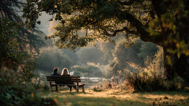 Couple Reading on Park Bench