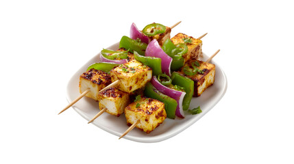 Delicious Paneer Tikka Skewers Indian Cuisine Grilled Cheese Cubes Peppers Onions Spices