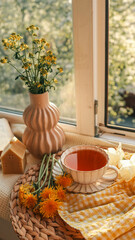 Sunny morning still life with a teacup, dandelions, yellow wildflowers in a vase, a beeswax house...