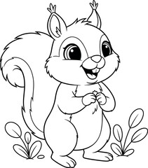 Squirrel Illustration. Black and White Line Art for Coloring Book.