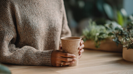 Woman Holding Kraft Cup While Working at Wooden Desk