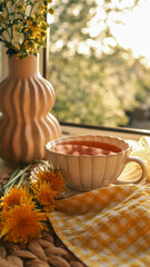 Sunny morning still life with a teacup, dandelions, yellow wildflowers in a vase, a beeswax house...