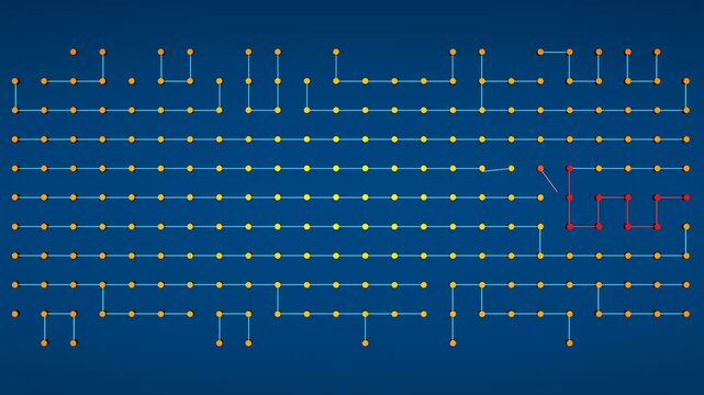 Node tree, industrial process, connected, abstract. Network, connections, automatic construction of a path with red nodes and lines, progress, technology. 3D animation