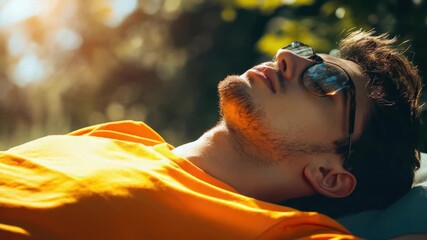 A young man in a yellow shirt is taking a nap on the grass, wearing sunglasses to block the sun. He's in a relaxed state, possibly enjoying a lazy afternoon outdoors.