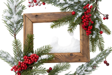 Christmas nativity scene silhouette in rustic frame with festive wreath isolated on transparent background