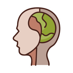 Stylized human head profile with green brain illustration