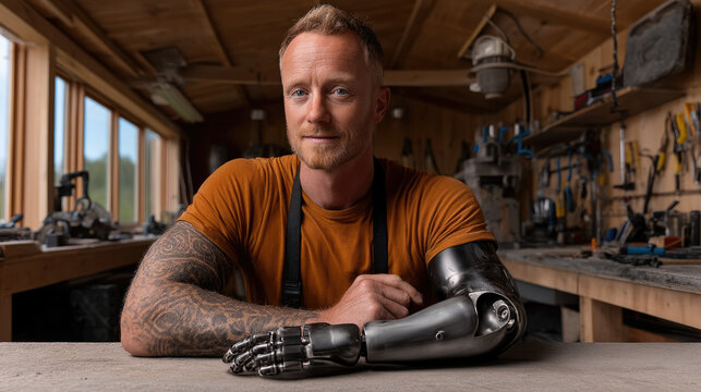 Man with prosthetic arm, tattoo, orange shirt, sitting in workshop, confident expression, wooden interior, natural light