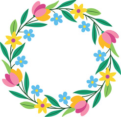 Charming floral wreath with pink tulips yellow daffodils and blue forget me nots on a transparent background isolated on transparent background