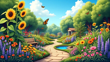 Enchanting summer garden pathway with sunflowers and butterflies
