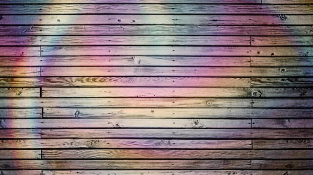 Colorful iridescent light diffraction creating a moving circular pattern on wooden planks