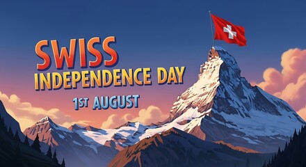Swiss Independence Day: Majestic Matterhorn with Swiss Flag, Vibrant Illustration.