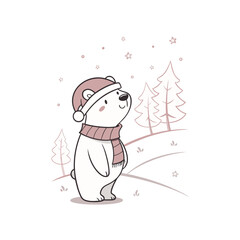 A cute cartoon polar bear wearing a hat and scarf looks up at falling stars in a winter forest landscape.
