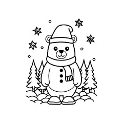 A cartoon bear wearing a hat and scarf stands in a snowy forest with Christmas trees and snowflakes falling.