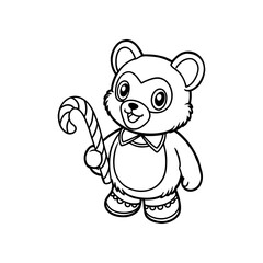 Obraz premium A cute cartoon bear with a bow tie and boots is holding a candy cane, outlined in black and white.