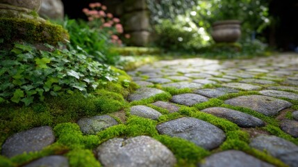 Moss-covered cobblestone path in a garden.